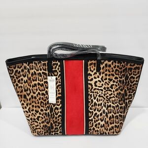 Chico’s Leopard Print Large Tote Red Stripe Animal Print Shoulder Bag New